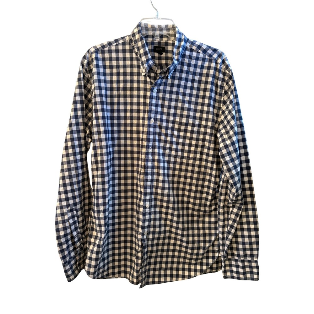 J.Crew Mens Navy Blue Gingham‎ Check Button Down Shirt Large 100% Cotton